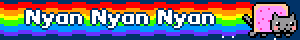 A gray pixel cat with the body of a poptart and rainbows coming out of it. White text reads 'Nyan Nyan Nyan.'